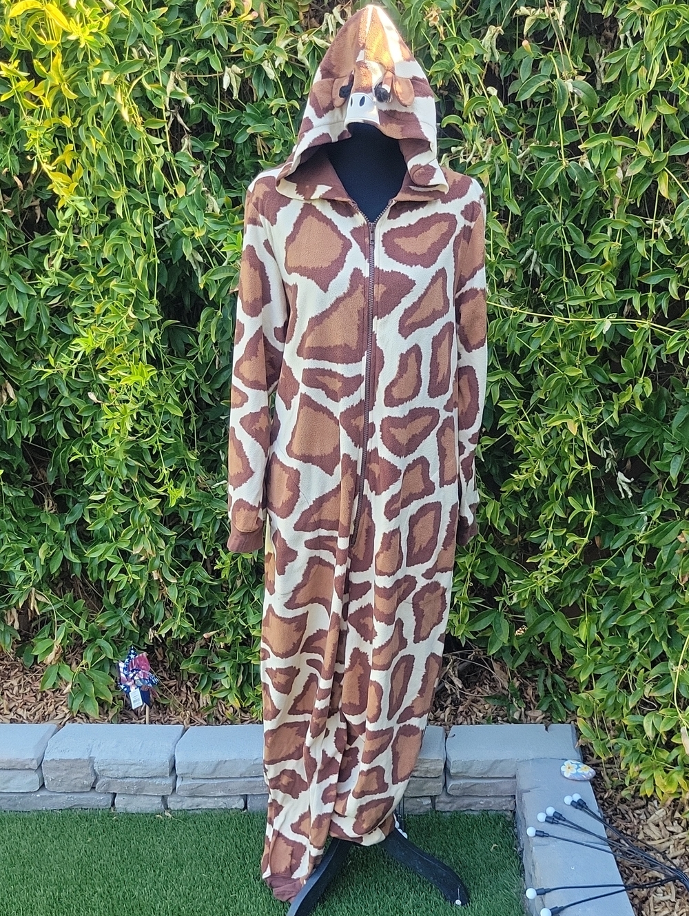 Nick & Nora Brown and Cream Giraffe Print Adult Onesie With Hood L